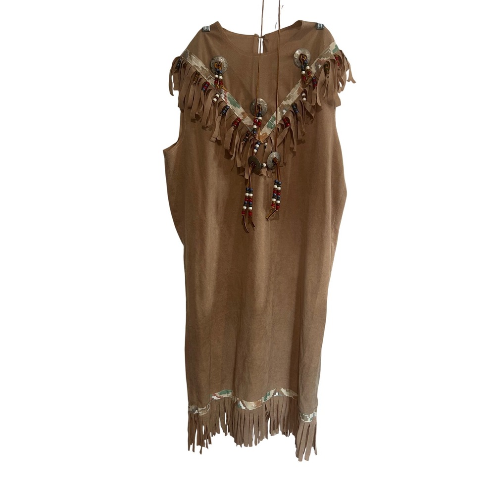 Tan Faux Suede Fringe Indian costume Bead Detail Sleeveless Tunic Small
